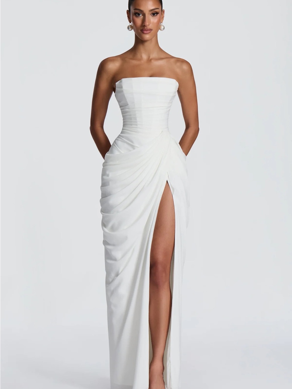 Strapless White Draped Evening Gown with Thigh Slit